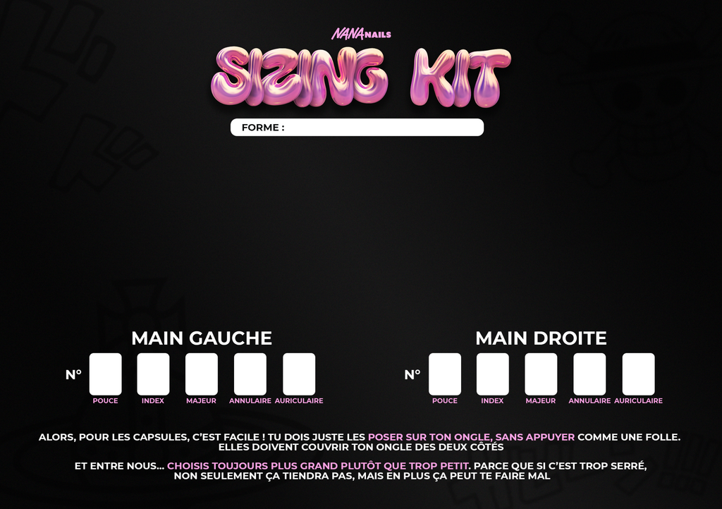 Verso du sizing kit : forme, tailles des dix ongles et conseils pour essayer les capsules.