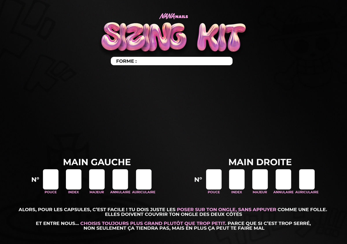 Verso du sizing kit : forme, tailles des dix ongles et conseils pour essayer les capsules.